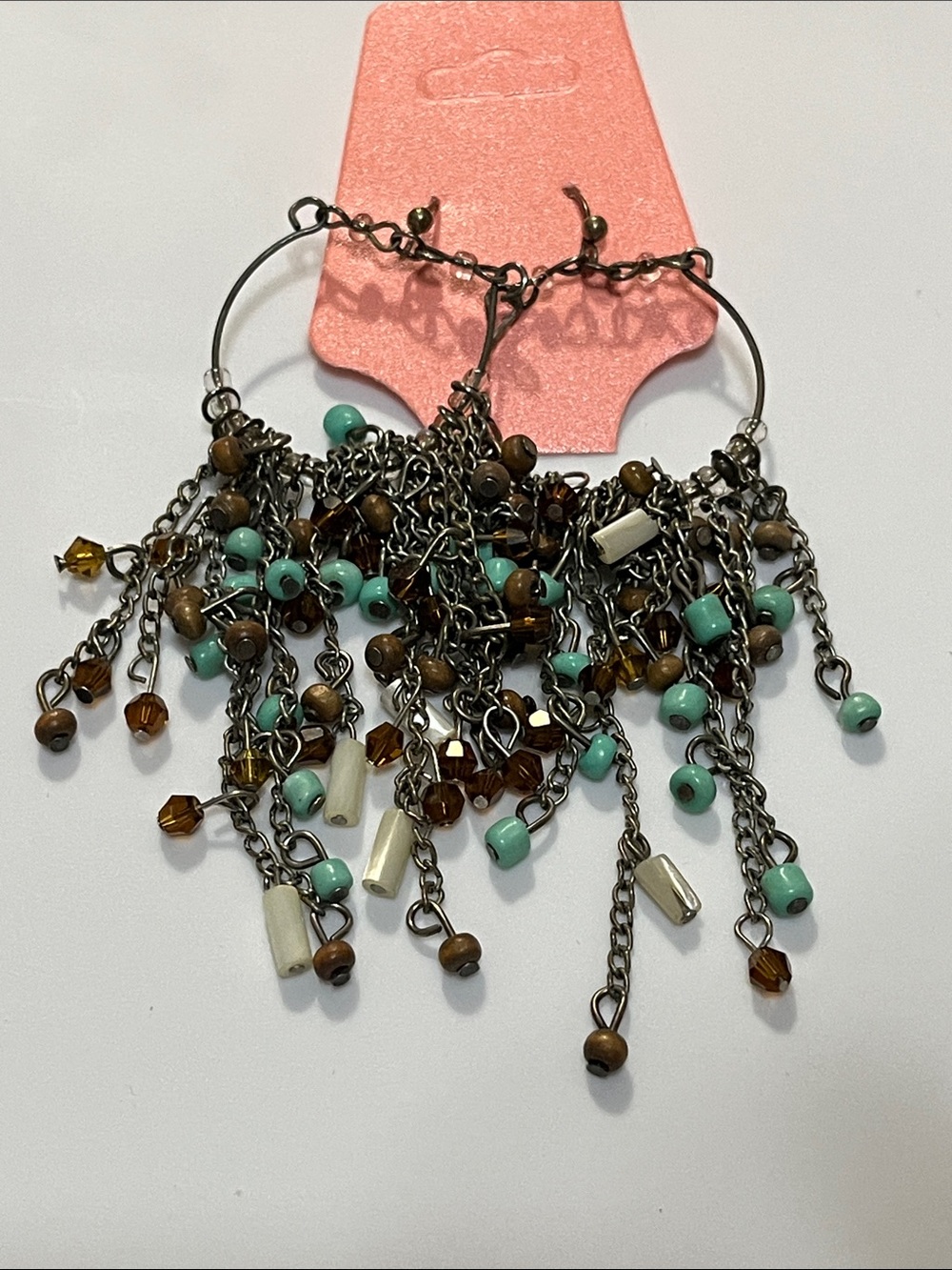 Turquoise and Brown Fringe Hoop Earrings with Amber Accents